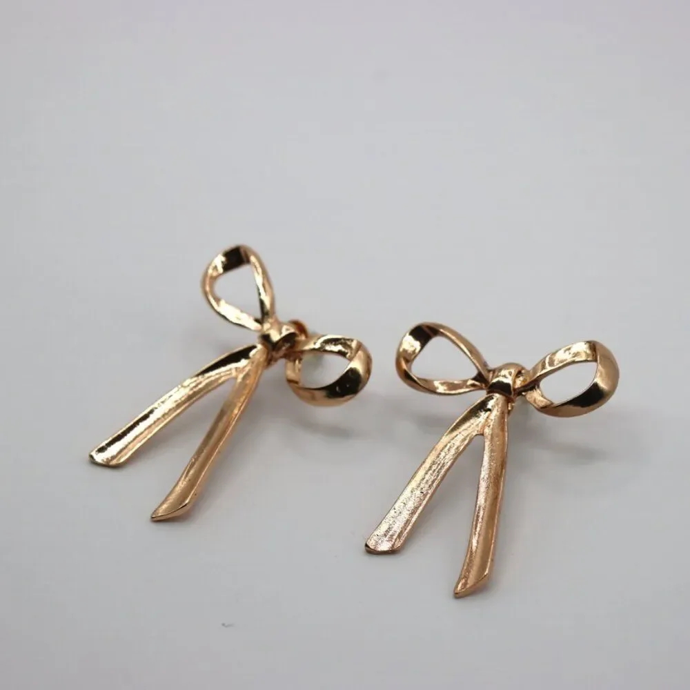 Gold Tone Ribbon Bow Tassel Earrings Pierced Feminine Style